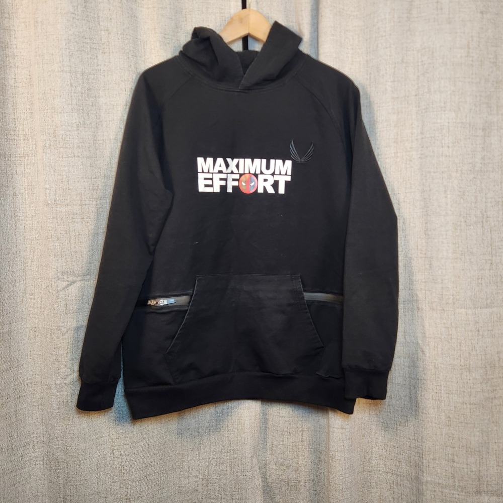 Deadpool Maximum Effort Black Graphic Hoodie Men's L Raglan Kangaroo Zip Pockets